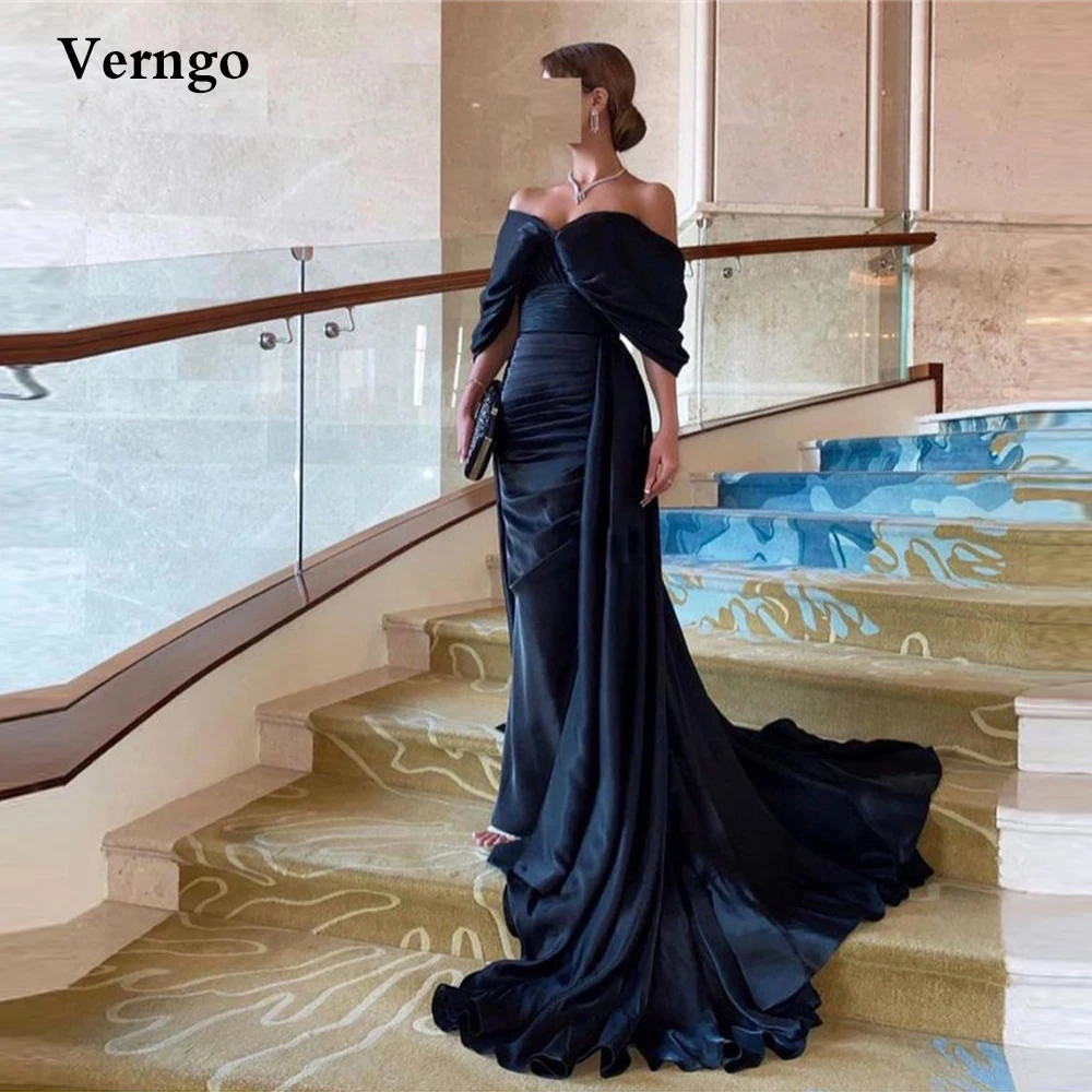 

Verngo Black Satin Long Evening Dresses With Detachable Overksirt Off Shoulder Saudi Arabic Women Elegant Party Prom Gowns