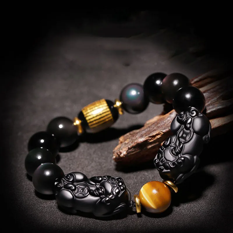 12mm Beads Original Natural Black Obsidian Bracelet With Certificate Feng Shui Good Luck Wealth Health Jewelry Men Women Gift