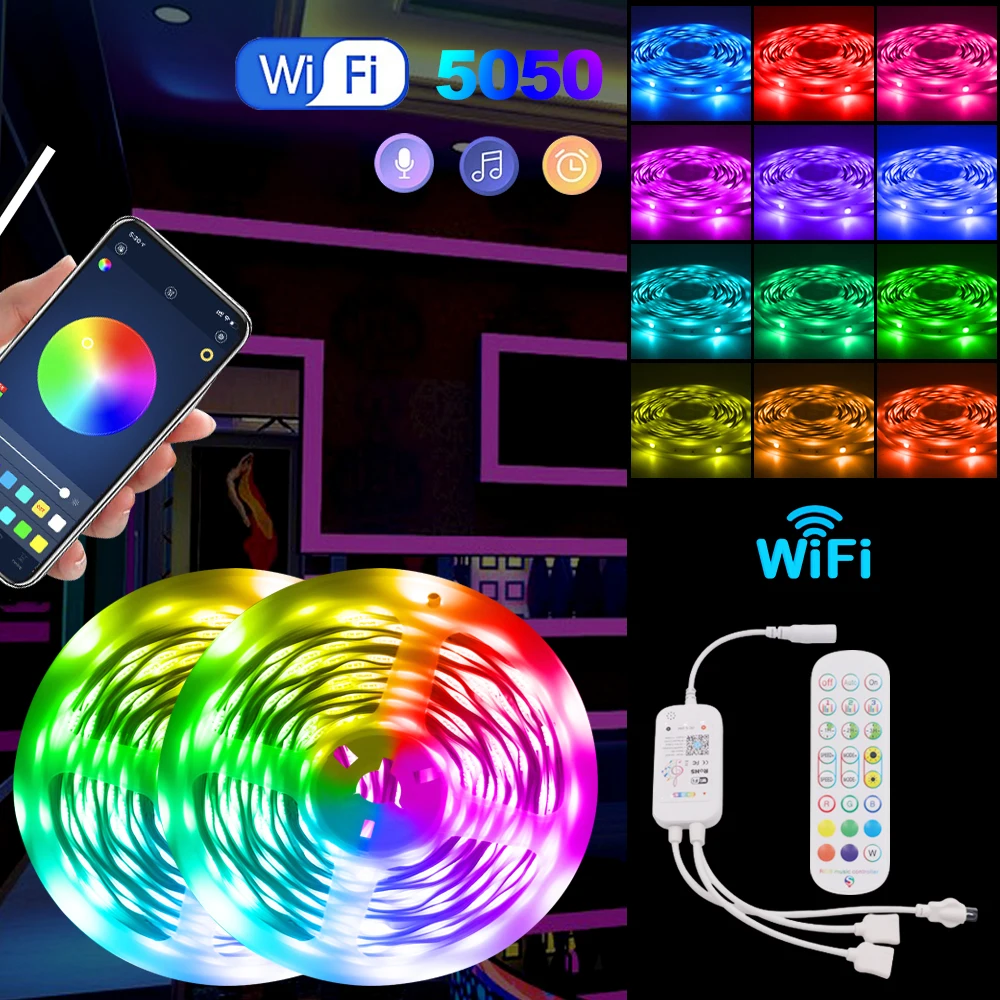 Imagem -02 - Rgb Led Strip Lights para Decoração do Quarto Lâmpada de Fita Flexível Bluetooth Wifi dc 12v tv Backlight 5050 Smd 5m 10m 20m 30m