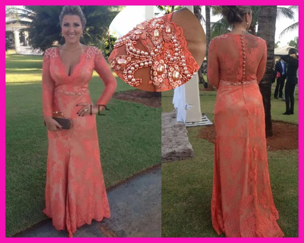 

2025 robe de soiree Orange Lace See Through Pearls Belt Long Sleeves Full Length Special Occasion formal dress Evening Dresses