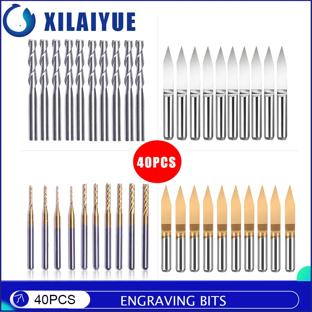 

10pcs/40pcs End Mill Engraving Bits Set CNC Router Bits Cutting Wood Metal Milling Cutter 1/8" Shank Tungsten Steel