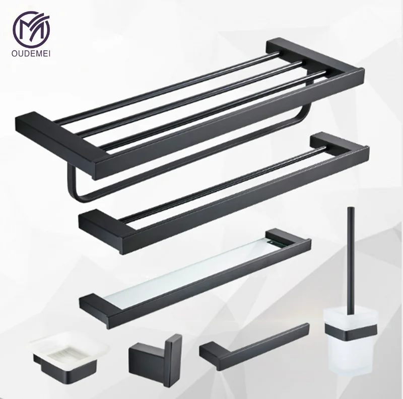 

SUS 304 Black Bathroom Hardware Set Stainless Steel Towel Rack Series Paper Holder Robe Hook Toilet Brush Holder