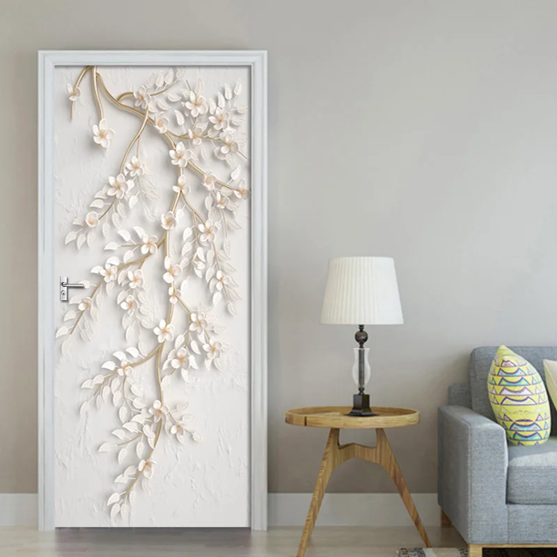 3D Embossed Flower Branch Bedroom Door Sticker Decor Creative DIY Self-adhesive Waterproof Mural Wallpaper For Living Room Decal
