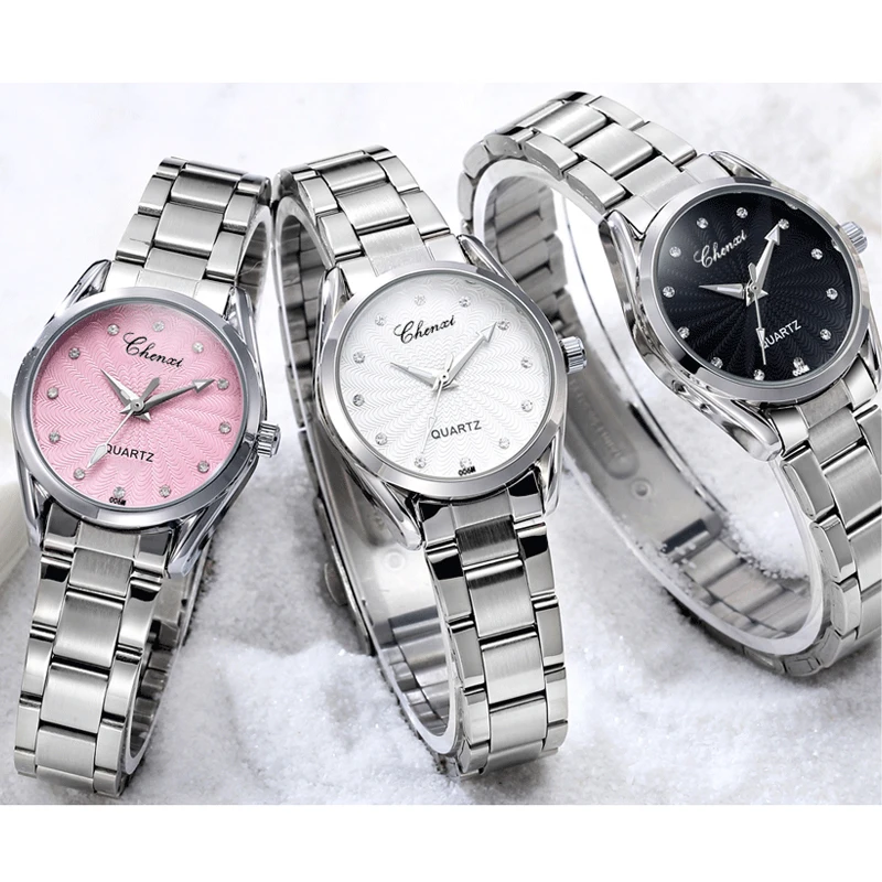 CHENXI Damen Quarz Armbanduhr Runde Rosa Strass Zifferblatt Marke Weibliche Wasserdichte Edelstahl Uhr Frauen Kleid uhren