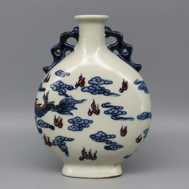 Collection of blue and white vase with red dragon pattern and double ears Qianlong year mark of Qing Dynasty