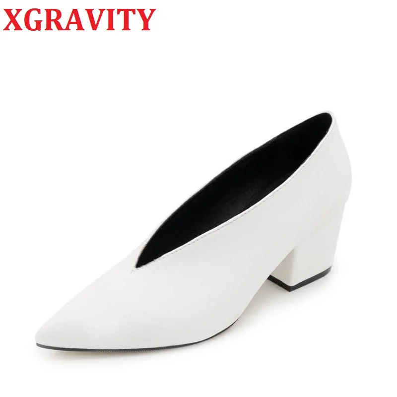 

XGRAVITY New Autumn European American Sexy Pointed Toe Dress Shoes Deep V Design Woman Footwear Chunky Party Wedges Party Shoes