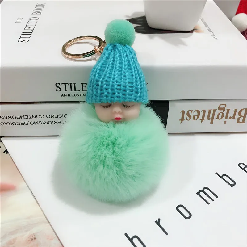 New Pompom sleeping baby keychain cute fluffy Plush doll Keychains Women Girl Bag keyrings Cars Key ring Jewelry Gift porte cl