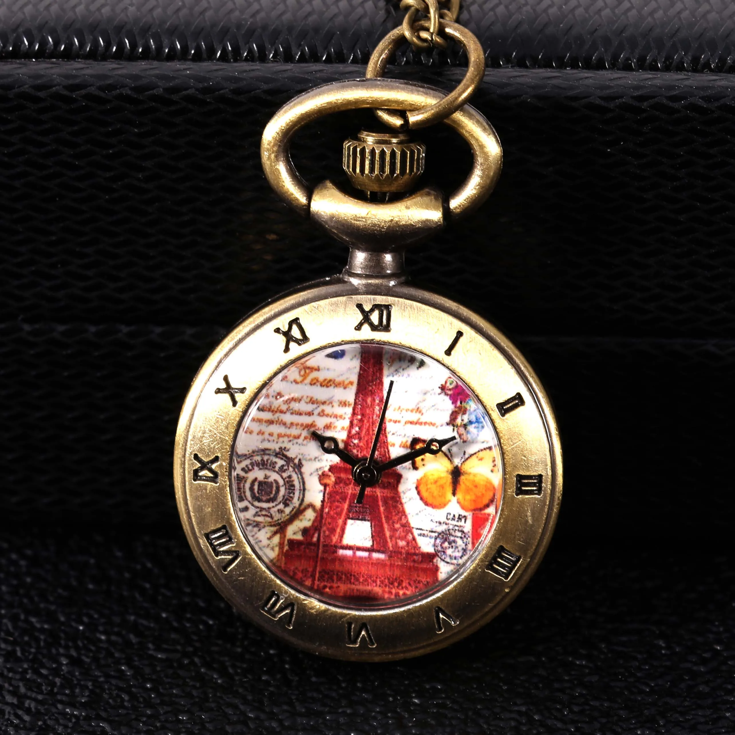 8894Copper Roman Scale Red Paris Tower Large Pocket Watch