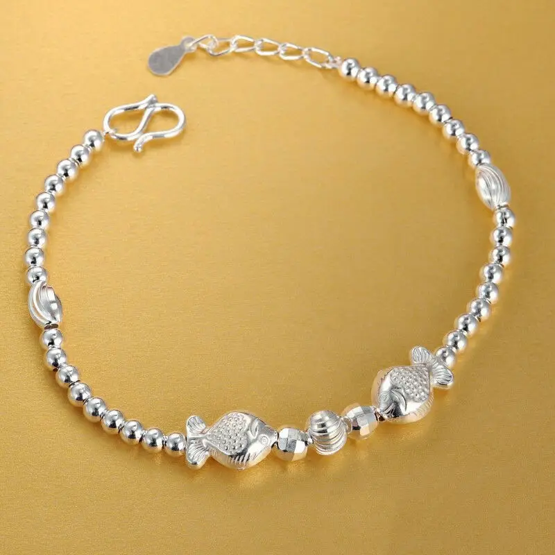 Solid 990 Fine Silver Bracelet Perfect Fish With Bead Chain Bracelet 6.5g/ 17cm For Woman Party