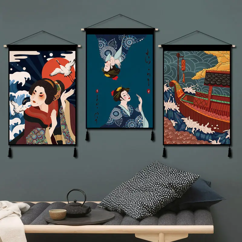 

Японские картины на холсте Ukiyoe, настенные художественные плакаты, декор для суши, ресторана, комнаты, эстетический деревянный подвесной гобелен с вывесками
