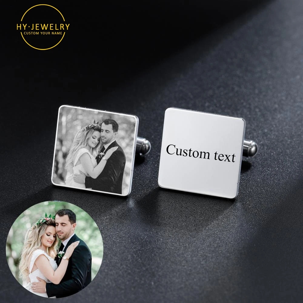 Personalised Customized Name Cufflinks Engraved Photo Gold Stainless steel Charm Cufflink Don't fade Men Bridegroom Jewelry Gift