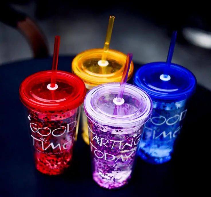 

50pcs 450ml Creative Colorful Double Layer Plastic Cup With Lid Summer Gold Powder Juice Cup Water Cup With Straw 15.5*6.5cm SN