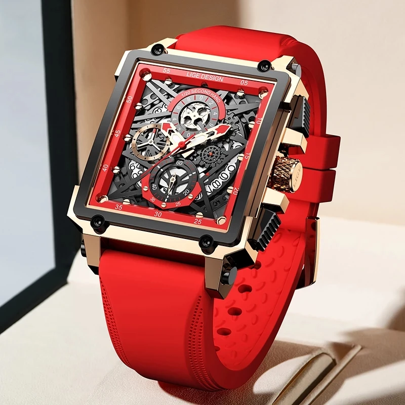 LIGE New Red Silicone Mens Watches Top Brand Luxury Watch Men Sport Chronograph Clock Fashion Automatic Date Wrist Watch Man+Box