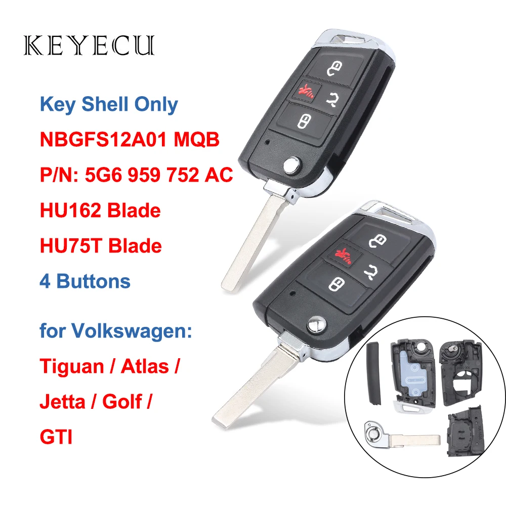 Keyecu Flip Remote Car Key Shell Case 4 Buttons for Volkswagen Tiguan Atlas Jetta Golf GTI NBGFS12A01 MQB P/N: 5G6 959 752 AC