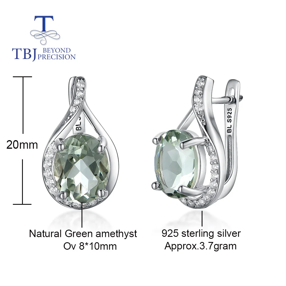 Tbj, New natural green amethyst clasp earring oval cut 8*10mm 7ct brazil gemstone fine jewelry 925 sterling silver for women