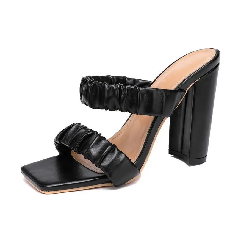 2021 New Fashion Square High Heels Women Summer Shoes Sexy Open Toe PU Pleated Lazy Slippers Shallow Slip-On Solid 35-42