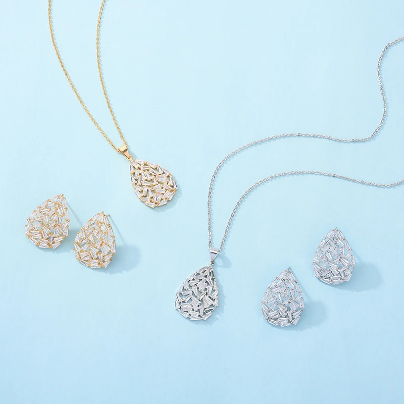 Jewelry Sets HADIYANA Classical Delicate Women Wedding Water Droplets Shape Bridal Necklace And Earrings Set CN321 Bisuteria