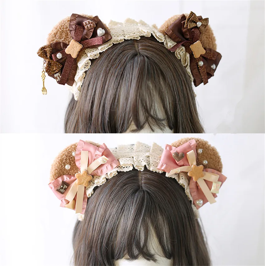 Lolita Daily Bear Ear Cookies Headband  Bowknot KC Hair Accessories Mori Girl  Hair Hoop Cosplay Hair Clasp B1671