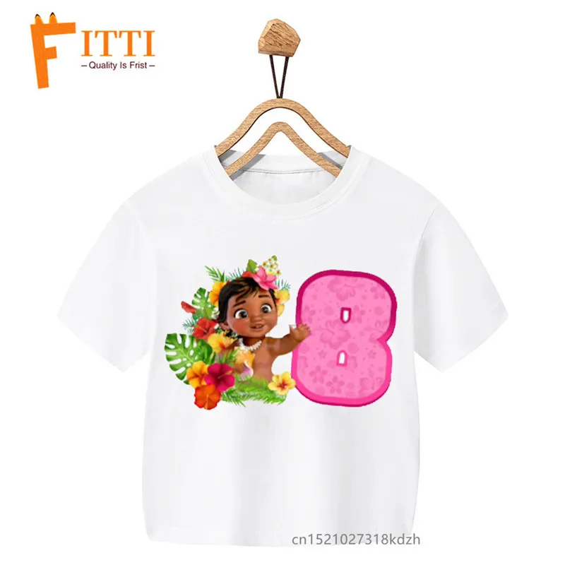 T-shirt blanc imprimé fleurs et nombres d\'anniversaire Moana pour filles, vêtements amusants Kawaii d\'été pour enfants, vêtements pour petits bébés,