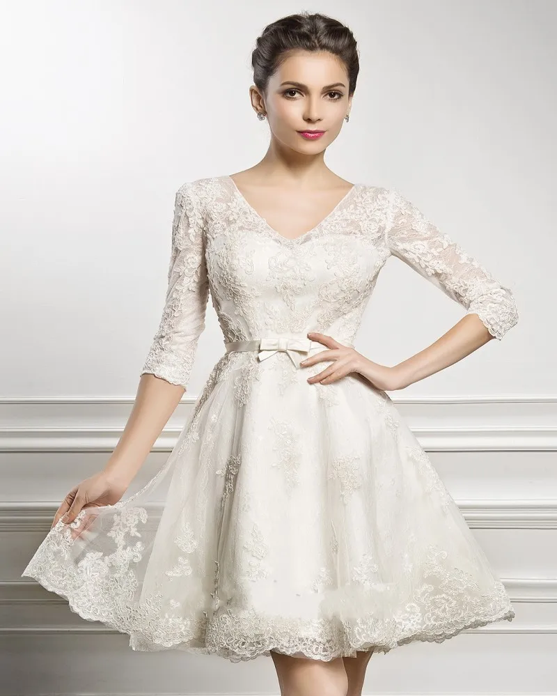 

Vintage Knee-Length Lace Wedding Dress V-neck Half Sleeves A-line Bridal Party Gowns Elegant Robe De Mariage Vestidos