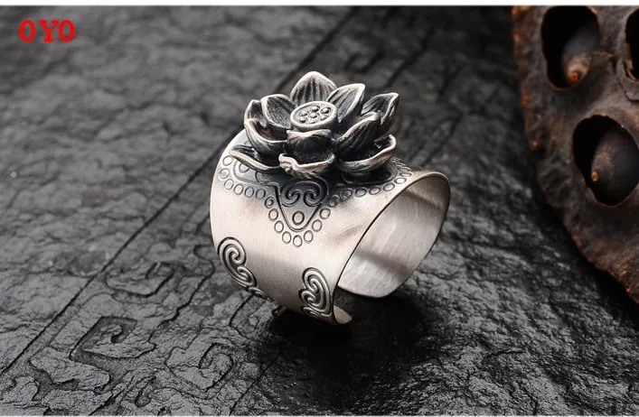 

999 sterling silver open ring wide face female three-dimensional lotus flower retro temperament literary ring