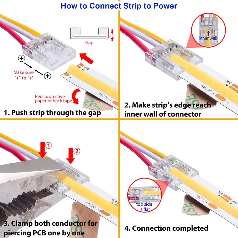 New 5pcs 10mm COB LED Strip Fast Connecting for 3pin 4pin IP20 Flexible COB High Density 3 Type Strip to Strip Wire Connection