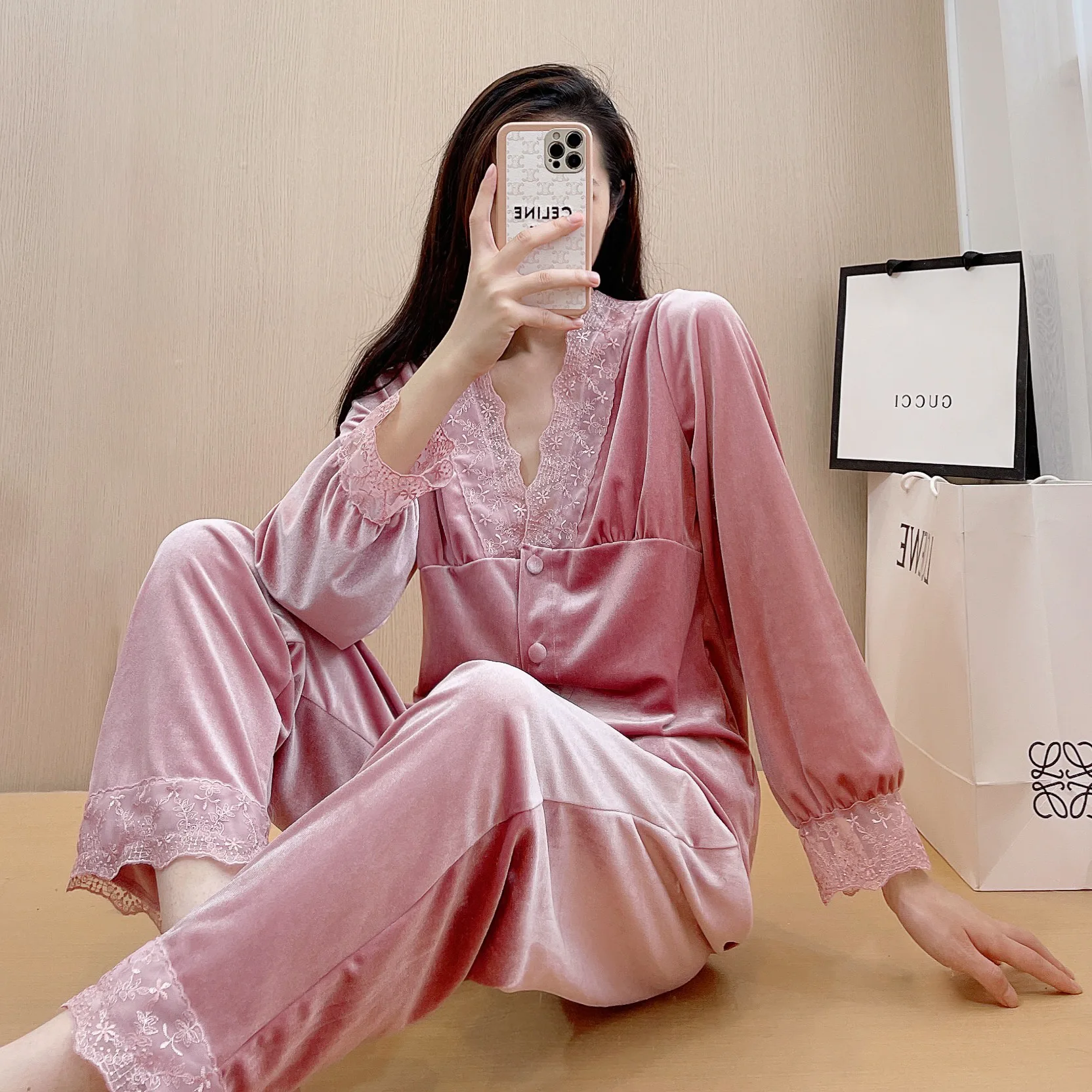 Đầm Ren Cổ Chữ V 2 Chiếc PJS Bộ Mùa Xuân Bộ Đồ Ngủ Nữ Sleepewer Velour Dài Tay Pyjamas Nhà Quần Áo Thun Phòng Chờ Khi Mặc