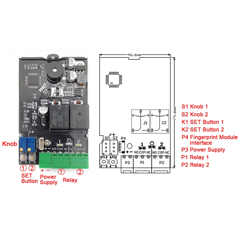 DC10-24V K220 Administrator/User Fingerprint Control Board Two Relay 0.5s-60s Normally Open Relay +R502-A Fingerprint Module