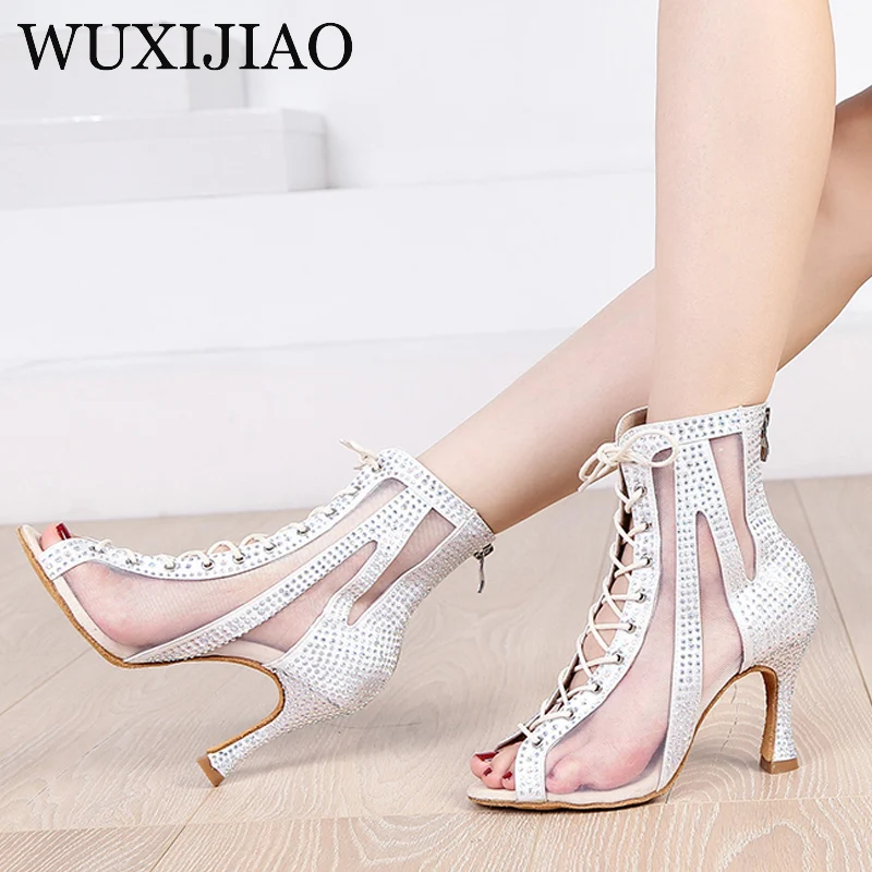 Design professional dance boots belly dance Latin jazz pole salsa shoes shiny hollow mesh lace-up female high boots