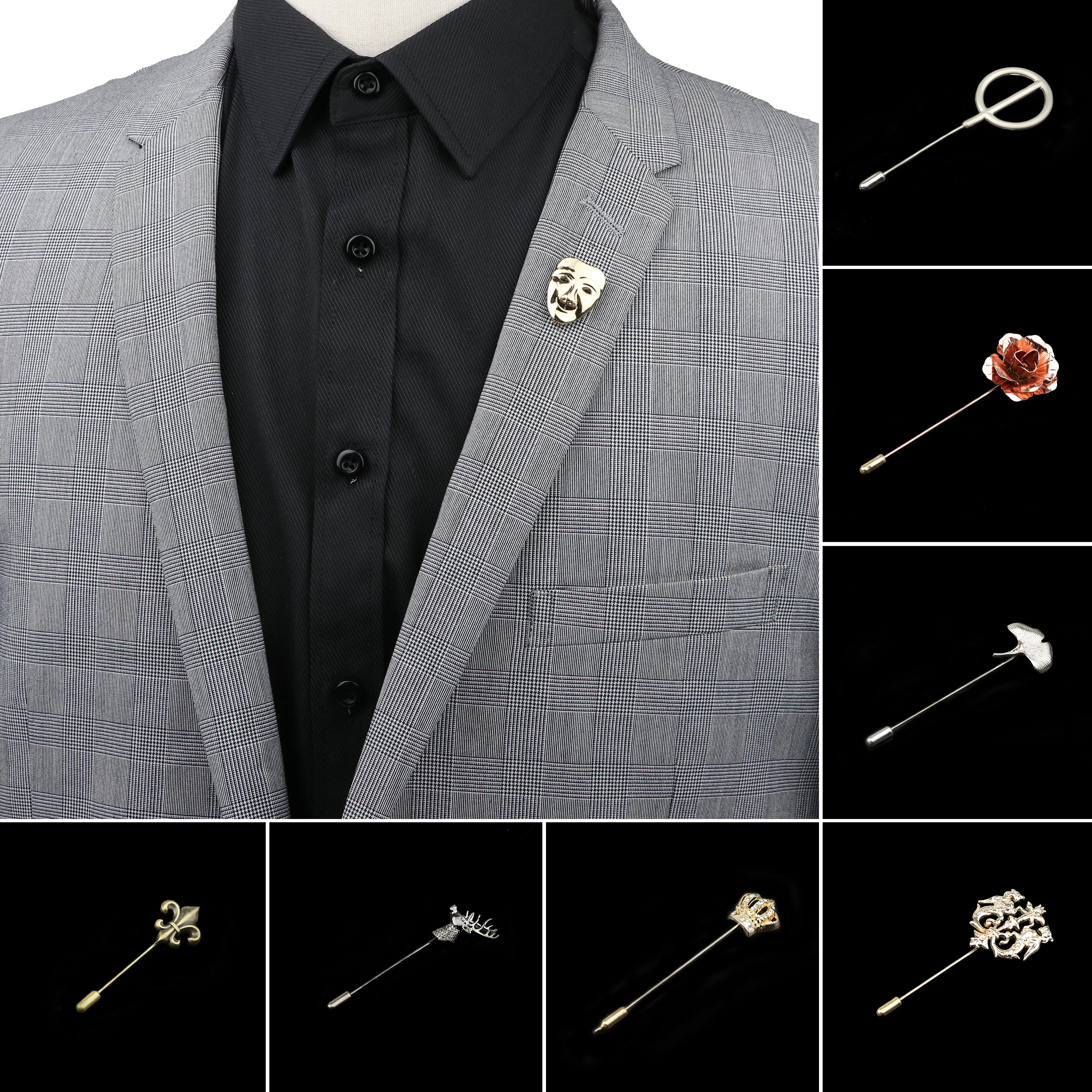 Men\'s Advanced Chic Brooches Mask Leaf Fower Pin Suit Shawl Lapel Pins Uxedo Corsage Hat Shirt Collar Pin Party Daily Accessory