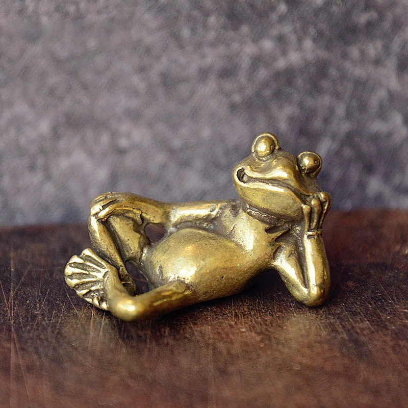 Funny Brass Lying Thinking Frog Miniature Figurines Toys Desk Ornaments Decors Crafts Accessories Vintage Copper Animal Tea Pets