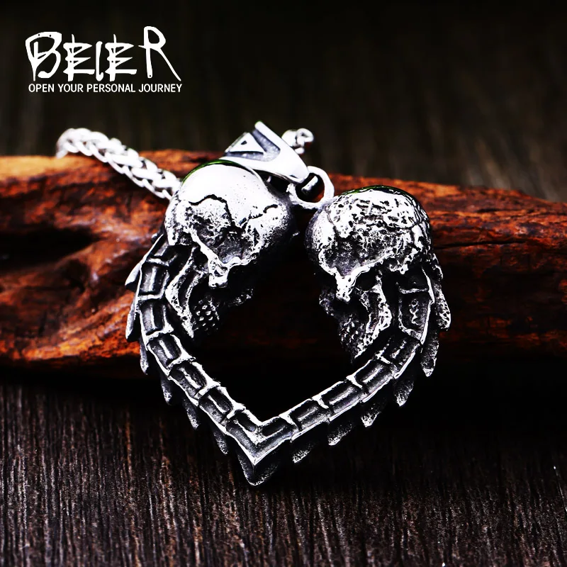 Beier 316L stainless steel Double skull heart shaped men\'s pendant necklace love fashion jewelry LHP114