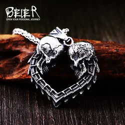 Beier 316L stainless steel Double skull heart shaped men's pendant necklace love fashion jewelry LHP114