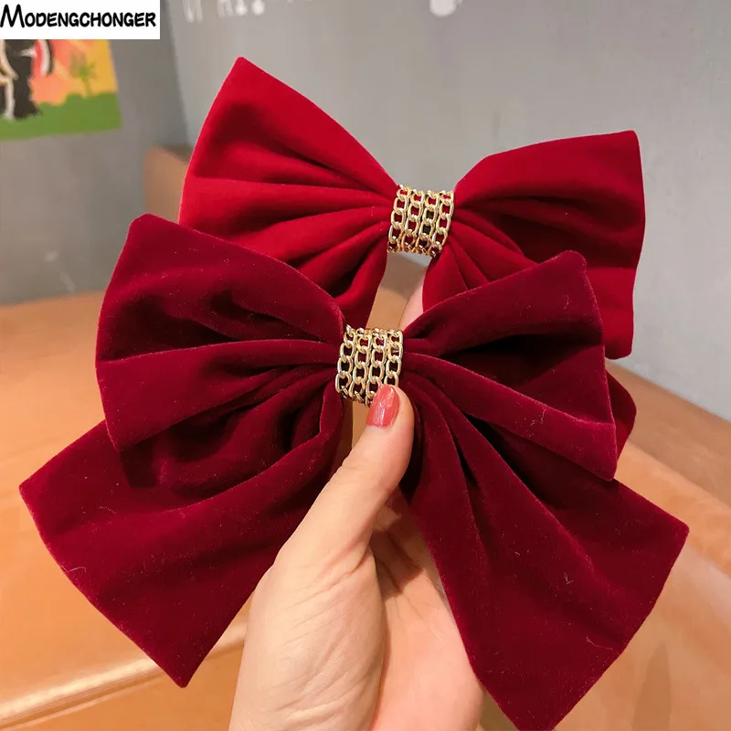 Winter Red Velvet Chain Big Bow Barrette For Woman Girls Back Head Headdress Korean Top Clip Hairpin Bridal Hair accessories