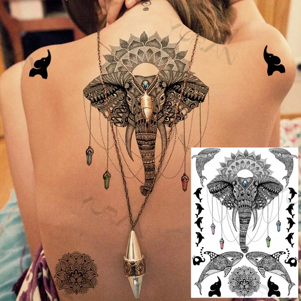 YURAN-tatuaje falso de búho de brazo grande para mujer, calcomanías de Henna India, tatuajes de encaje personalizados, Mandala, flor, tortuga negra