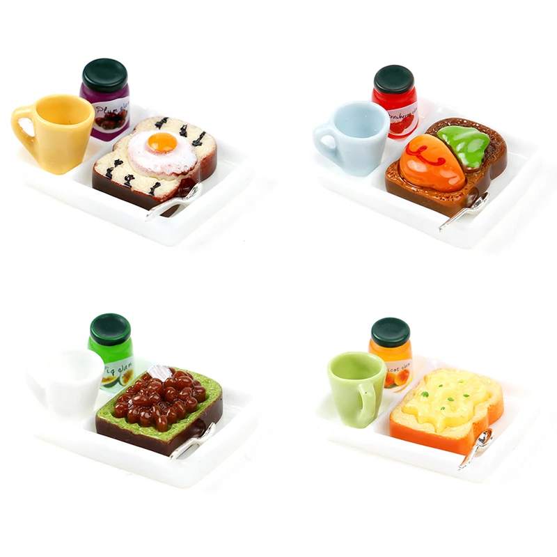 Casa de muñecas en miniatura, plato para pan tostado, mermelada, juego de cuchara y taza, juguete de cocina para Barbies, accesorios de cocina