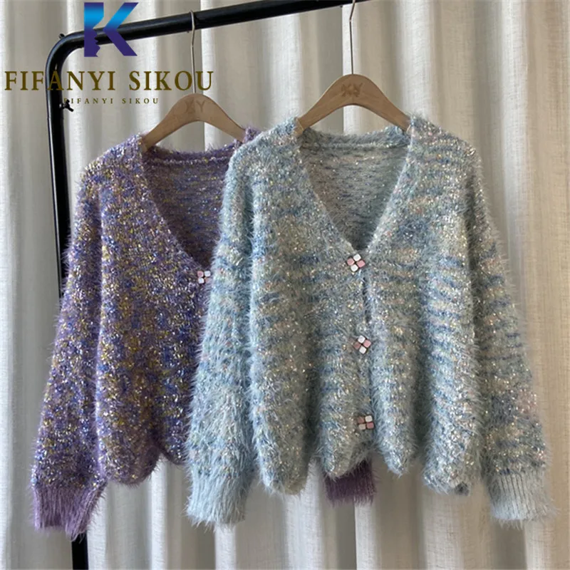 

Mohair Knitted Sweater Jacket Women V-Neck Single Breasted Fashion Cardigan Short Knit Coat Autumn Loose Casual Sweaters Female