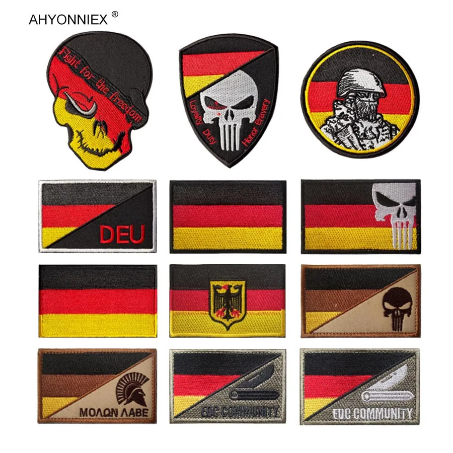 AHYONNIEX 1 PC Germany Embroidery Flag Patch Hook Devil Felt Morale Pack With Sticker Badge Armband Military Tactical DIY