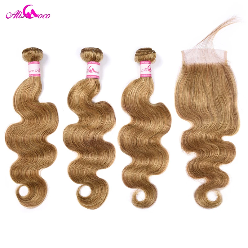 Ali Coco Honey Blonde Body Wave with 5x5 Closure #27 Blonde Brazilian Body Wave Human Hair Bundle With Closure 4x4 Small Knots