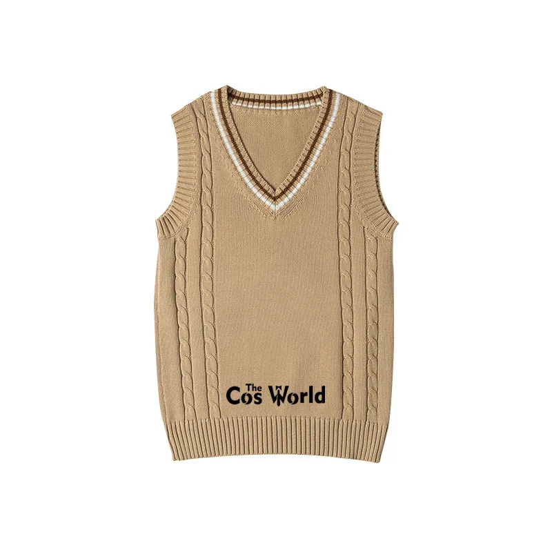 

S-XXL Spring Autumn Khaki Sleeveless Knit Vests Pullovers V Neck Sweaters For JK School Uniform Student Clothes