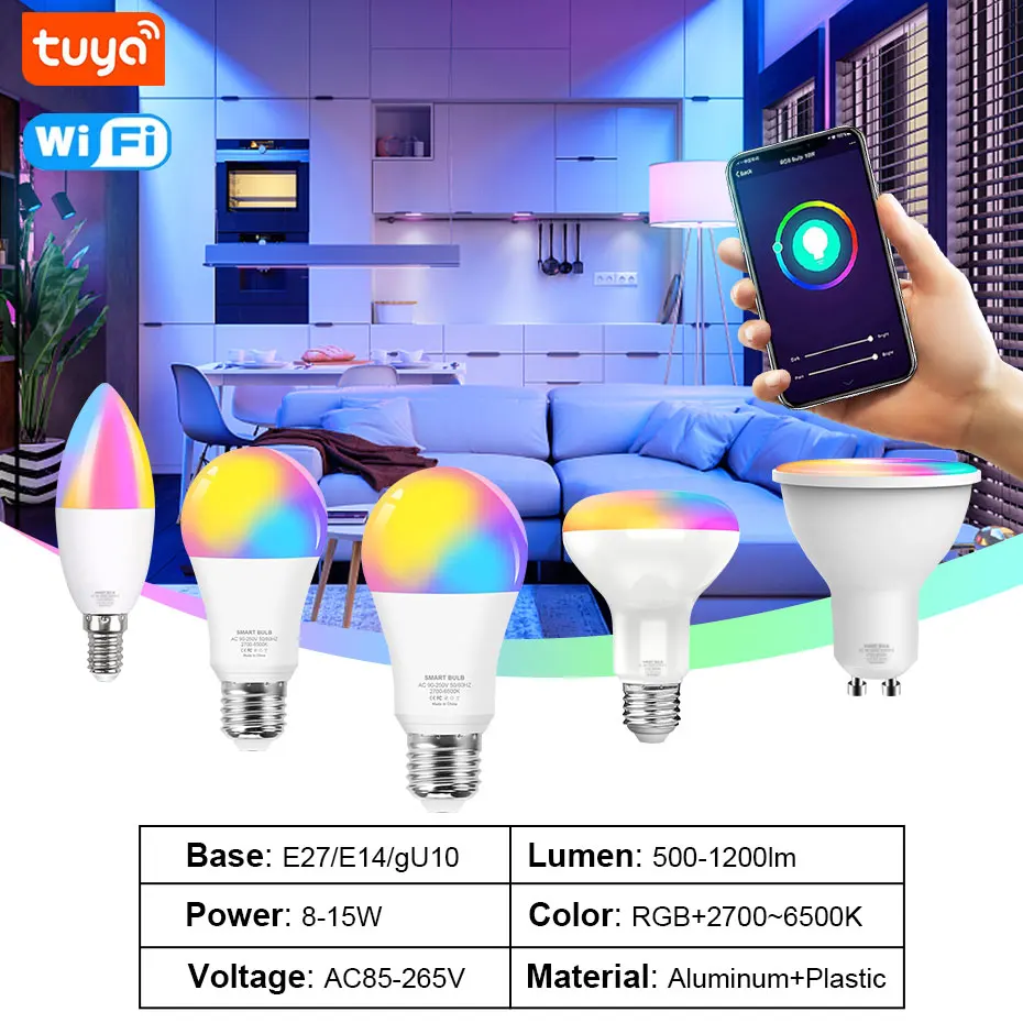 Tuya Smart Life Led Bulb For Home E27 E14 GU10 Led 8W 12W 15W Wifi Lamp RGBW RGBWW App Control Work With Alexa /Google Home