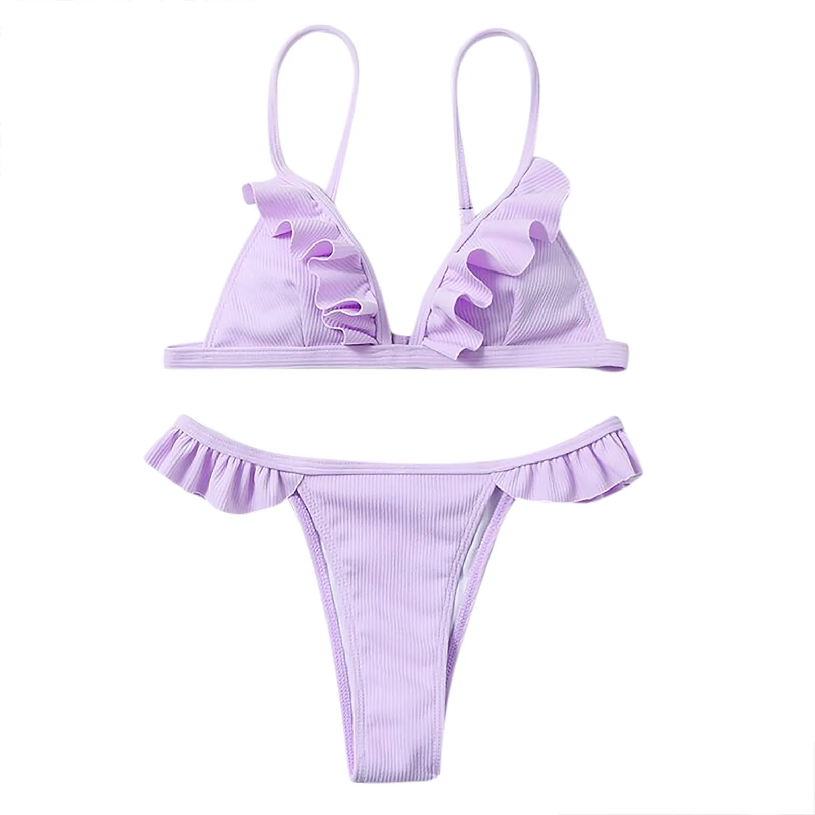 Bikinis lisos de realce para mujer, traje de baño Sexy con volantes, trajes de baño acanalados, ropa de playa de corte alto con Tanga, conjunto de