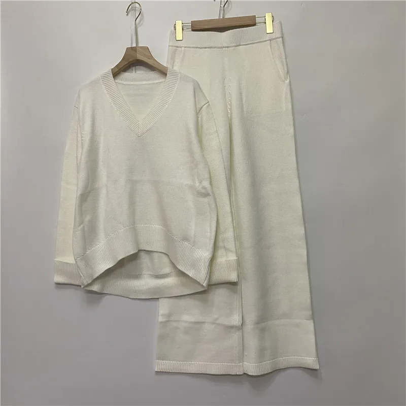 Conjunto de dos piezas de lujo para mujer, 45% Cachemira + 30% Lana, Tops de punto de visón cálido y pantalones de lana de pierna ancha, F2533