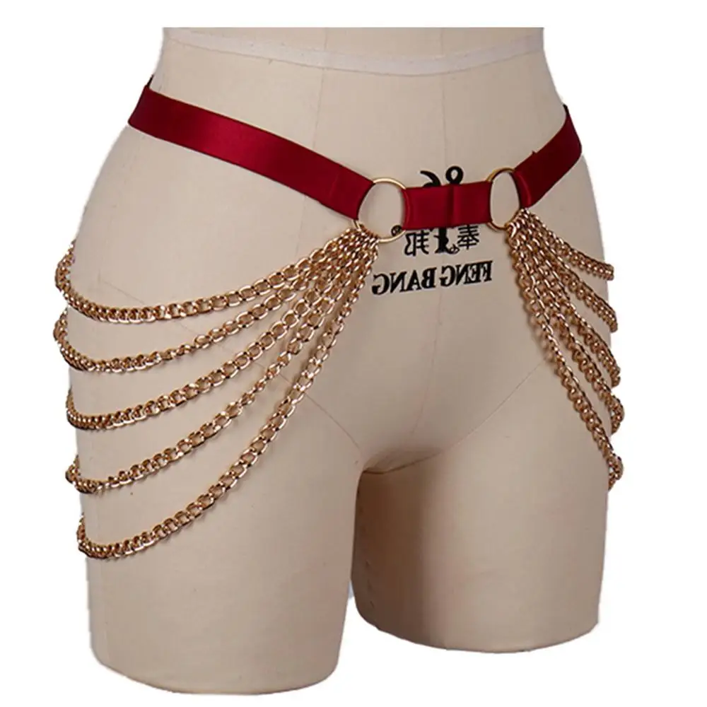 Sexy Body Chain Gold Metal Ringr Red Thigh Strappy Waist Suspender Elastic Body Harness Garter Women Bikini Club Dance