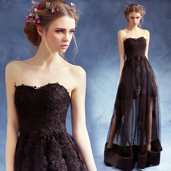 Gaun Malam Panjang Tulle Applique Renda Hitam Sweetheart 2015 Kedatangan Baru Formal Gaun A-line De Soiree Vestido De Voluplongo