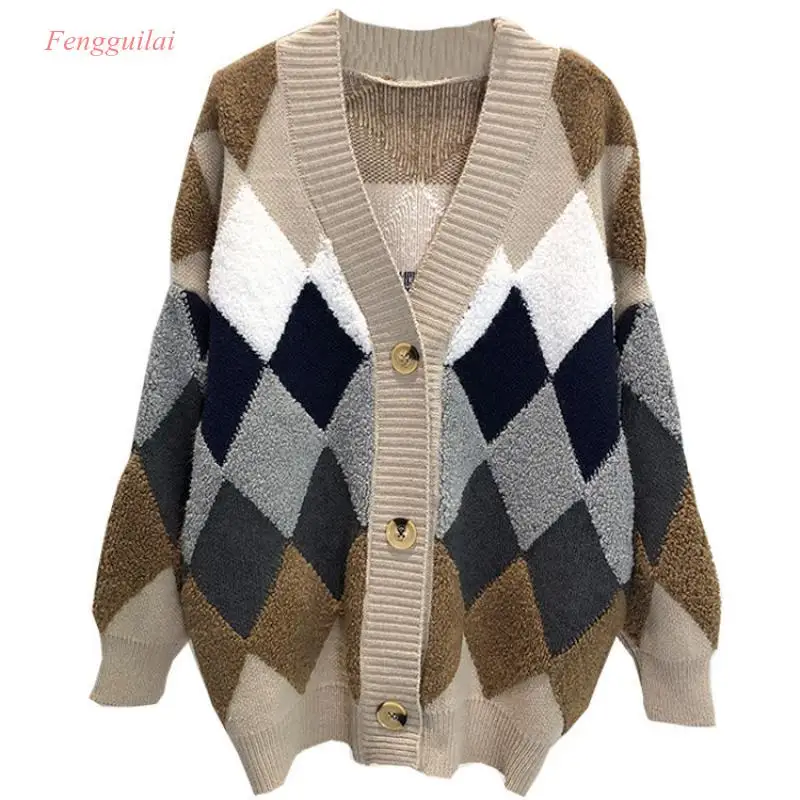 

2020 Women's Sweaters Autumn Winter Casual Plaid V-Neck Cardigans Button Cardigans Puff Sleeve Loose Sweater