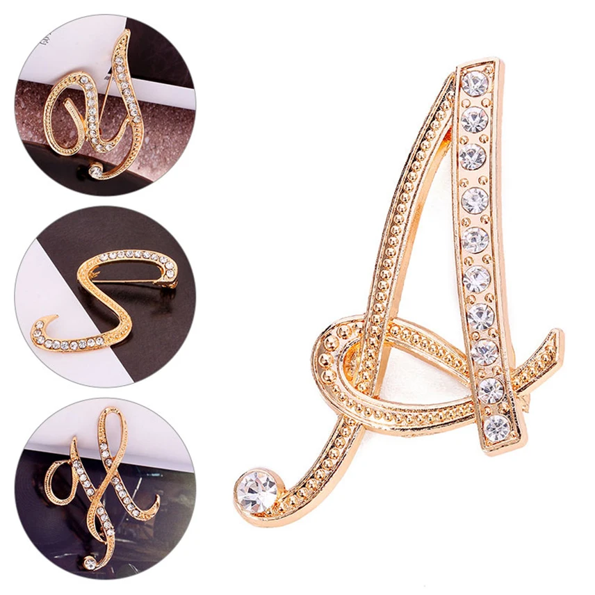 Fashion Women Rhinestone Brooch A-Z English Letter Metal Pins Crystal Alphabet Jewelry Shirt Clothes Accessories Christmas Gift