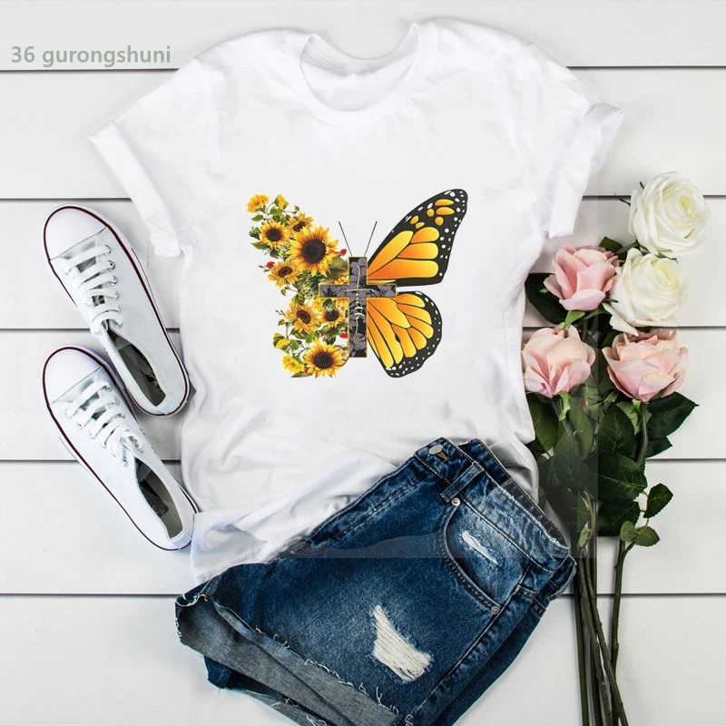 newly tee shirt femme funny sun flower and butterfly print tshirt women summer Harajuku shirt hip hop graphic tees women tops