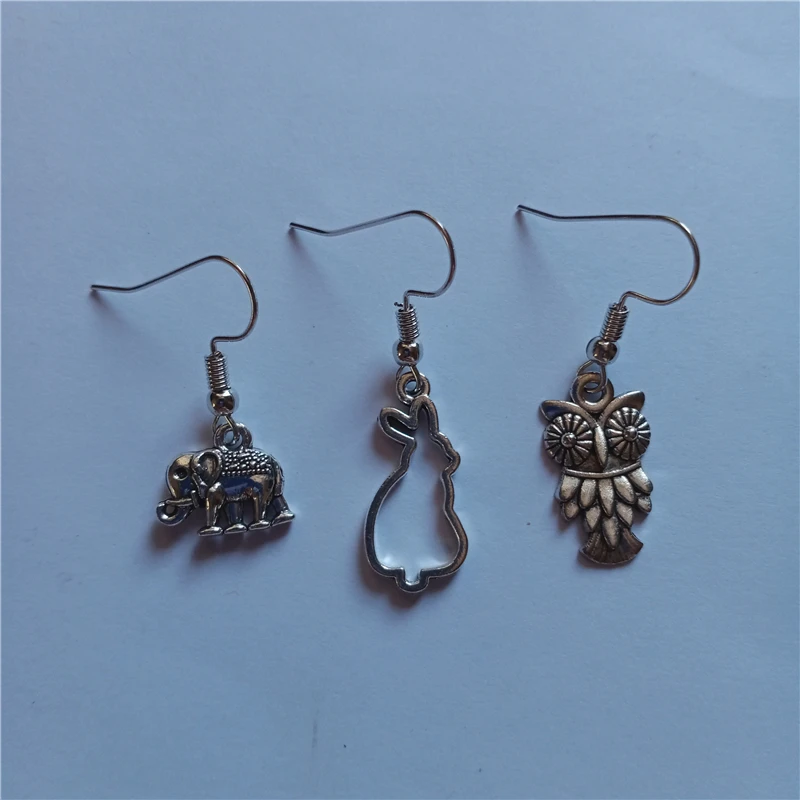 3pcs Owl Earrings Antique Silver Color Quirky Elephant Earrings Punk Geekery Earrings Fun Rabbit Jewelry Earrings for Man Woman