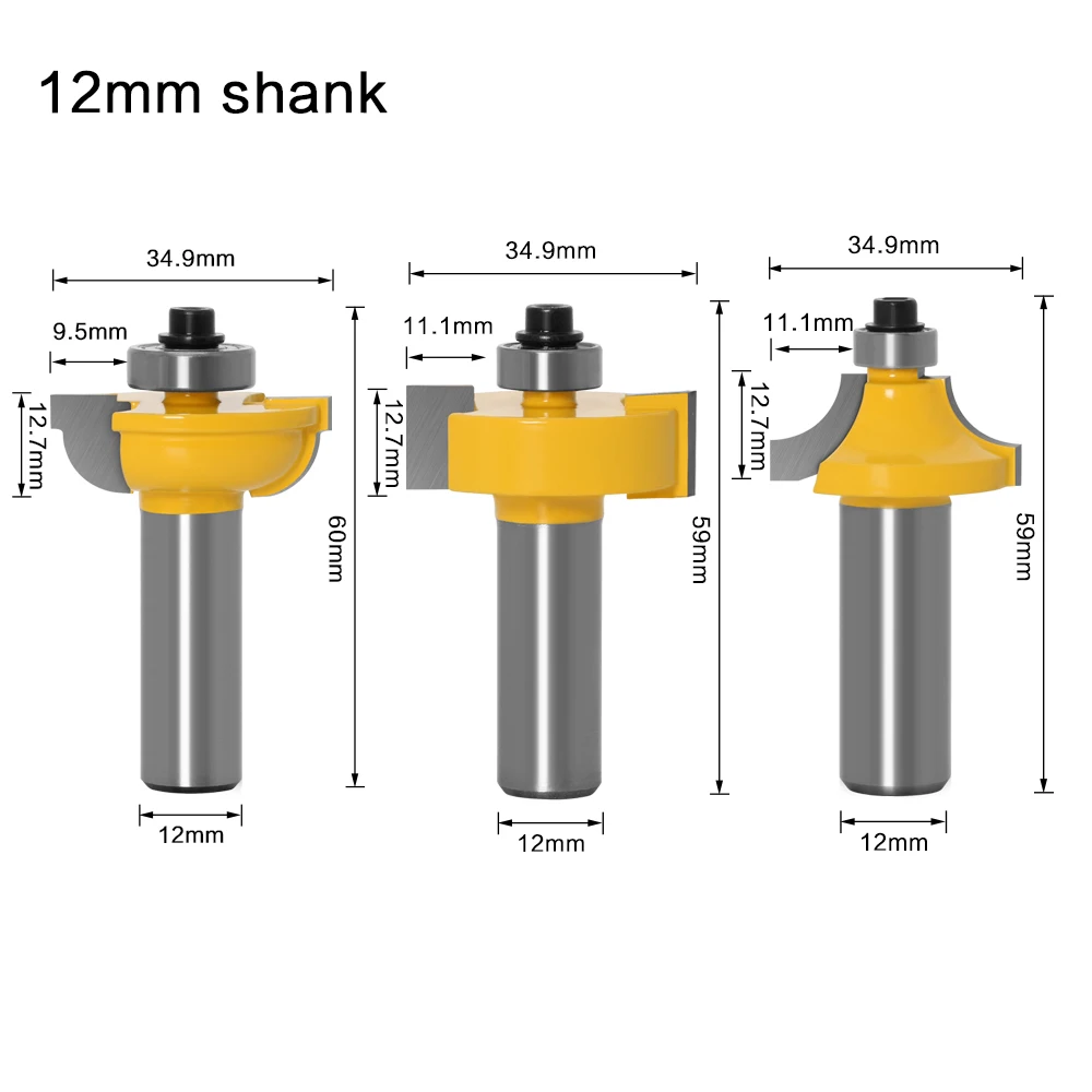 3pcs/set Glass door plank wood working tools curboard cutter router bits 1/2 shank 12mm shank 8mm Shank T type ballnose